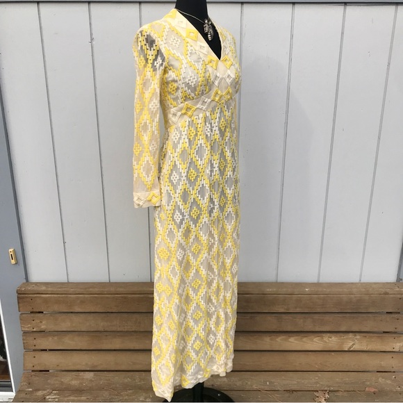 Vintage 60s Embroidered Jerry Marsch Yellow Chiffon Maxi Dress - Picture 4 of 15